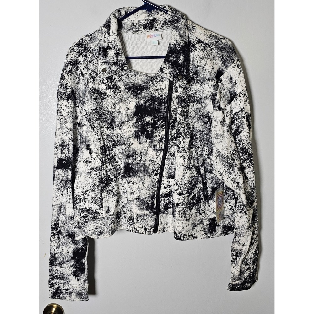 LuLaRoe Presley Moto Jacket 2XL Black White Splatter Print Cotton French Terry